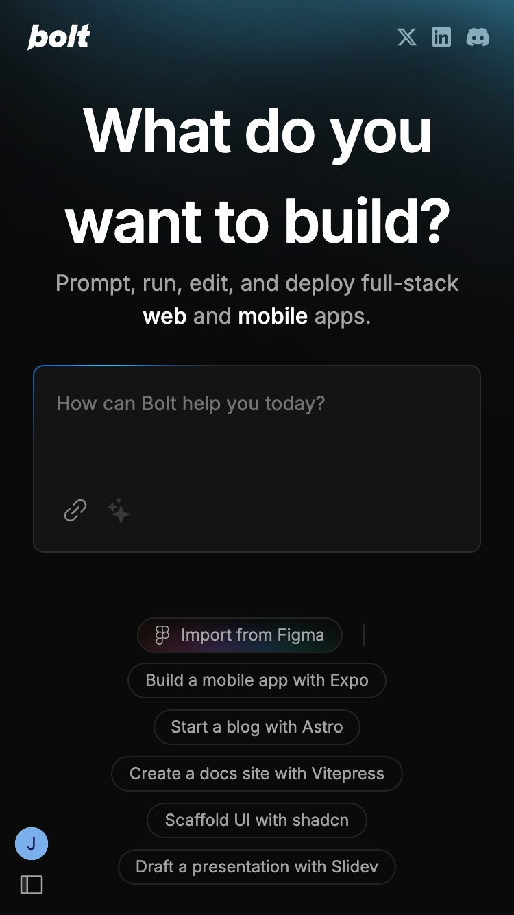 Bolt's discovery interface showing pre-built prompts and suggestions