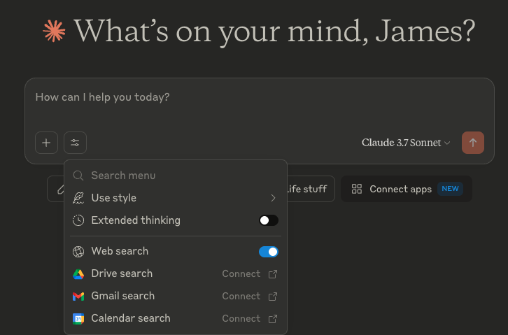 Claude's interface displaying action buttons and extensions