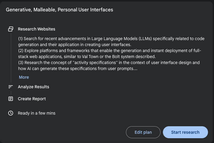 Gemini's planning interface showing research steps